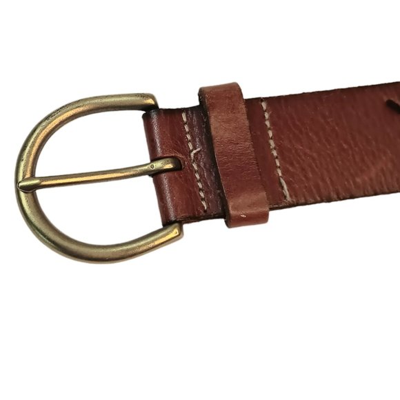 Eddie Bauer Brown Leather Belt Cutouts Stitching Brass Buckle Size Medium - Picture 3 of 13